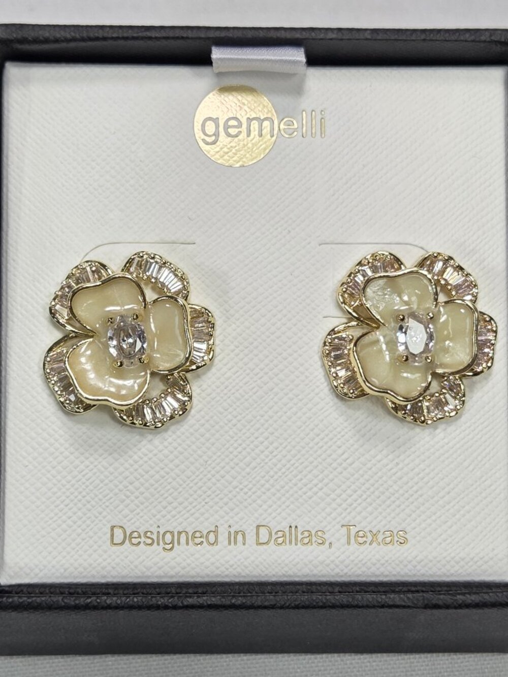 Gemelli Cream Enamel Flower Stud Earrings Gold Plated Baguette CZ Statement NIB